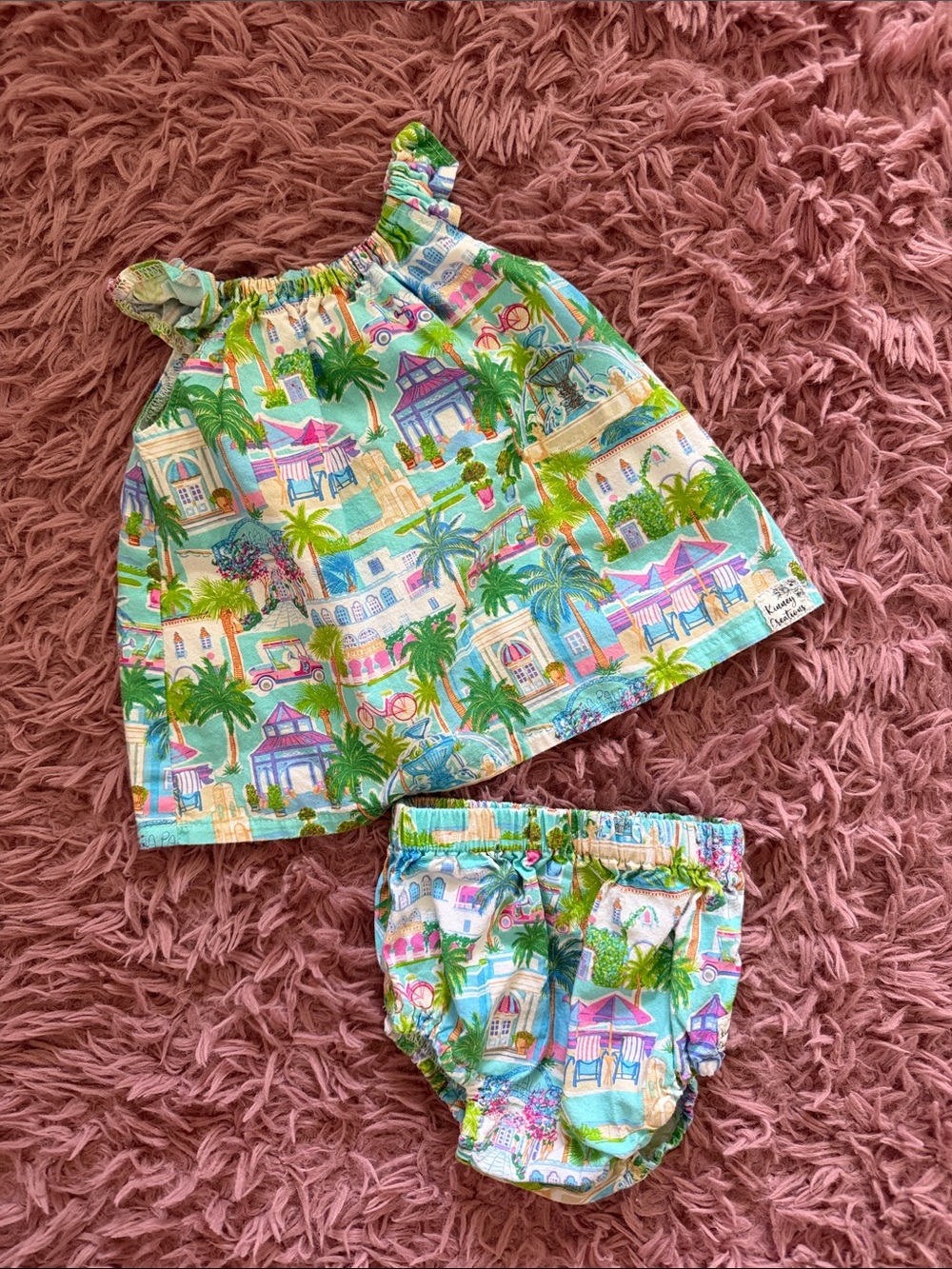 Infant Girl’s Handmade Tropical Print Dress & Bloomers Set